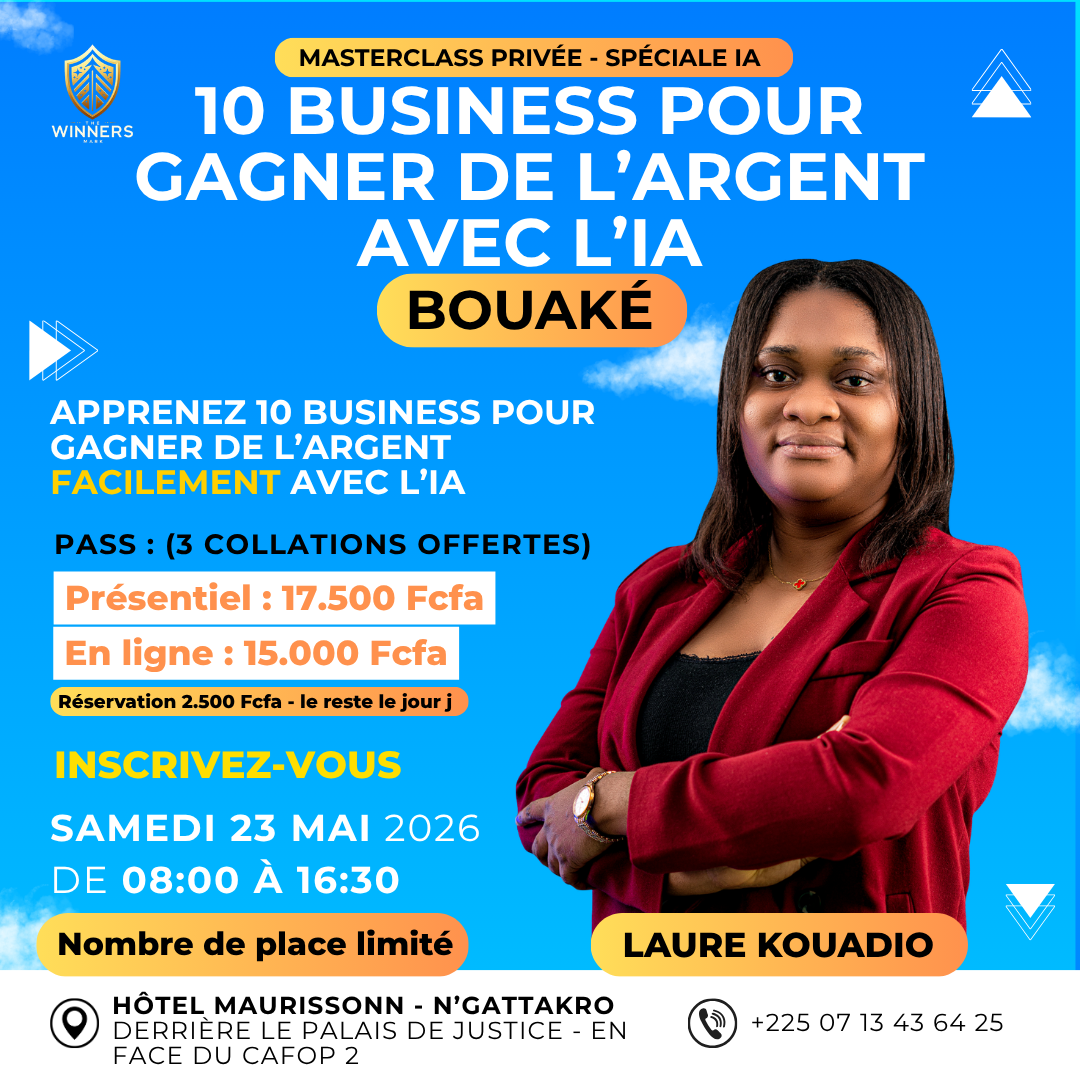 Affiche Masterclass 10 business pour gagner de l'argent avec l'IA à Bouaké